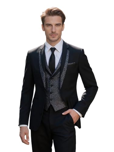 Men's Shawl Lapel 3 Piece Suit Set with Blue Paisley Vest, Black Pants One Button Blazer Formal Wedding & Party Attire