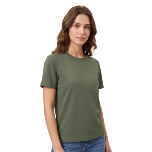 Image of NOBERO 100% Cotton T-Shirts for Women Stylish | Regular Fit | Solid T Shirts for Women 180 GSM Combed Cotton | Crew Neck Half Sleeve