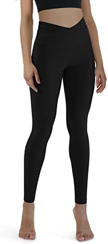 ODODOS Gathered Cross Waist Yoga Pants for Women, 28" Full Length Crossover High Waist Athletic Workout Leggings, Black, X-Large