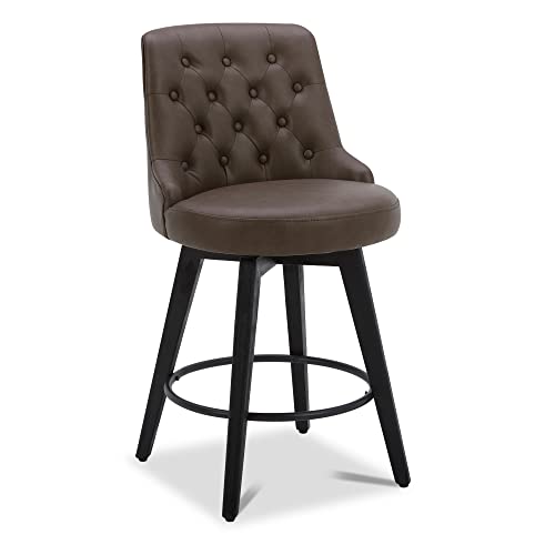 Image of Watson & Whitely Counter Height Bar Stools Swivel Barstools, Chocolate | Faux Leather, Set of 2, Upholstered Modern Barstool with Back, Solid Wood Legs, 26 inch H Seat