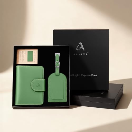 Image of ALLIVE Rfid Passport Holder for Travel Women, Rfid Passport Cover Wallet, Genuine Leather Passport Holder for Travel with AirTag Hidden, Gift Set with Luggage Tag in Premium Gift Box (Avocado Green)