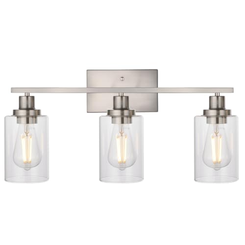 MELUCEE 3 Lights Wall Sconce Brushed Nickel Finished Modern Bathroom Vanity Light Fixtures with Clear Glass Shade Suit for Porch Bedroom Foyer Kitchen (Patent No.: US D963914 S)
