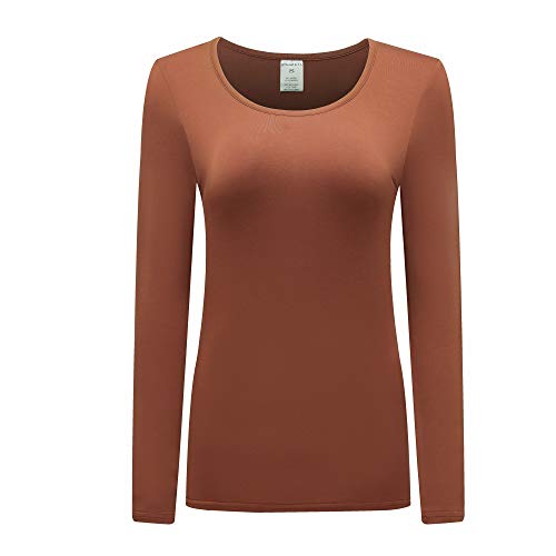 OThread & Co. Women's Long Sleeve T-Shirt Scoop Neck Basic Layer Stretchy Shirts (Small, Brown)