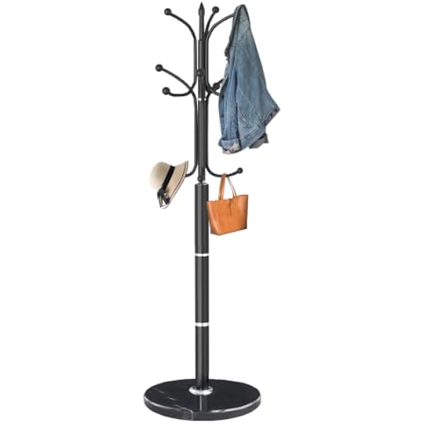 Metal Coat Rack Freestanding, Sturdy Coat Rack Stand with Natural Marble Base, Modern Black Coat Racks Tree Hats Hanger Holder Stand for Entryway, Hallway, Office(12 Hooks)