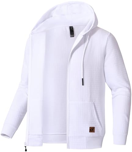 Satankud Men's Jacquard PlaidCloth Zipper Hoodie Sweatshirt White X-Large