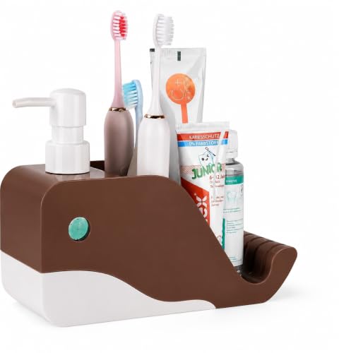 Image of FreshDcart 3-in-1 Soap Dispenser | Toothbrush Holder & Sink Organizer Stand | Multipurpose Bathroom and Kitchen Countertop Storage Caddy | Brown