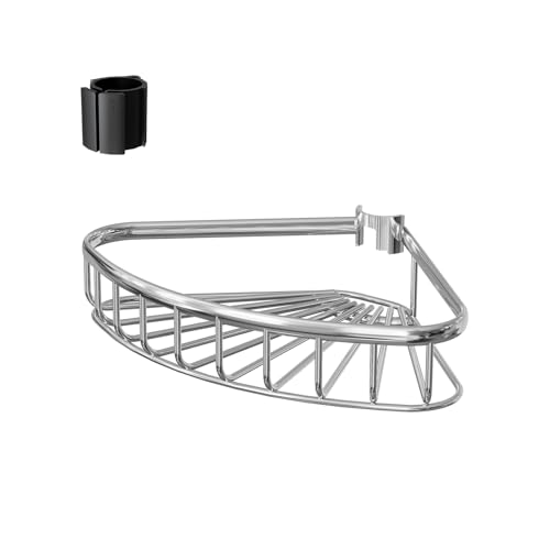 ESSEME Se adapta solo al poste de tensión de la ducha de esquina: cesta de estante de baño impermeable de acero inoxidable, tamaño mediano de 6.5 pulgadas de profundidad x 11 pulgadas de ancho x 1.96
