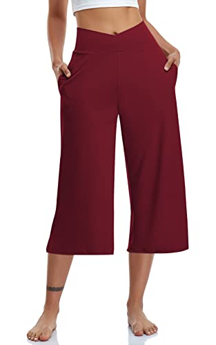 Image of TARSE Womens Casual Wide Leg Yoga Capris Crossover High Waist Capri Pants Loose Soft Pajama Pockets Sweatpants