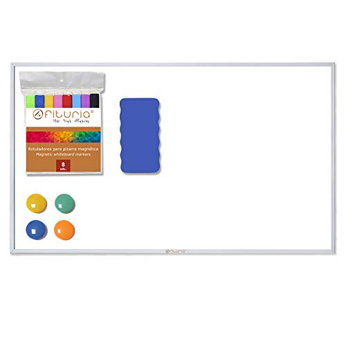 OFITURIA® Pizarra Blanca Magnética Con Marco De Aluminio Fácil De Borrar En Seco (500x300 mm) Con Rotuladores, Imanes y Borrador