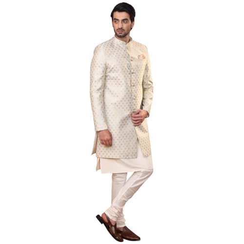 Men's Off-White Jacquard Indowestern Sherwani Kurta & Pajama Set - Regular Fit, Mandarin Collar |Indian Ethnic