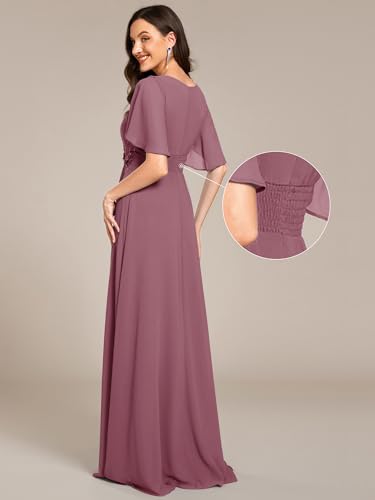 Image of Ever-Pretty Women's Classic Round Neck Pleated Short Sleeves Chiffon Appliques Floor Length A Line Formal Evening Dresses