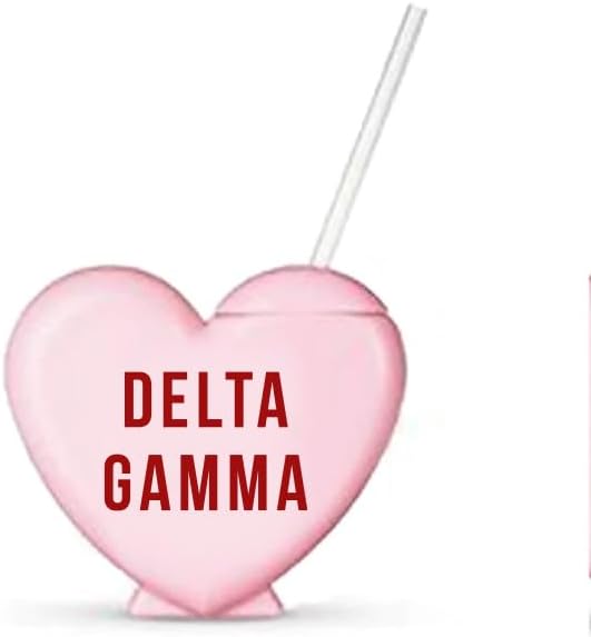 Sorority Shop Delta Gamma - Vaso con pajilla, vaso de 16 onzas en forma de corazón de caramelo con tapa y popote de silicona, vaso de plástico