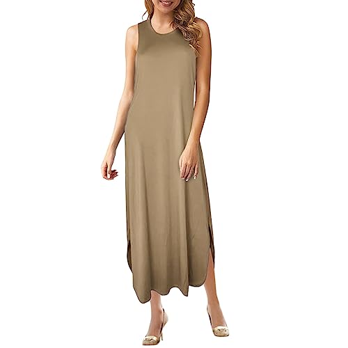 AMDOLE Vestidos de verano para mujer, vestido del Reino Unido, vestidos sueltos con abertura y bolsillos, bata, caqui, L