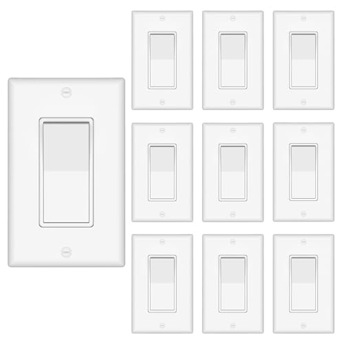 ThunderWay 3 Way Decorator Light Switch with Wall Plates, 15A 120/277V Decora Three Way Electrical Wall Paddle Rocker Switches Replacement, Residential Grade, UL Listed, Glossy White(10 Pack)