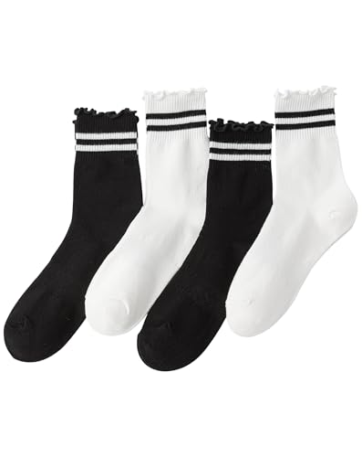 Image of Yawlsow 4 Pairs Ruffle Frilly Striped Socks Women Cute Cotton Coquette Ankle Socks kawaii Lettuce Edge Crew Socks for Girls