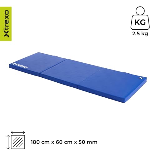 TREXO Faltbare Turnmatte 180x60x5 cm – Gymnastikmatte aus Kunstleder mit 3 Segmenten – 5 cm dicke Polsterung – für Fitness, Schule & Home Training (Blau)