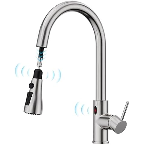 GIMILI Touchless Kitchen Faucet Dual Motion Sensor Smart High Arc Single Handle Brushed Nickel Kitchen Sink Faucet with Pull Down Sprayer Cover