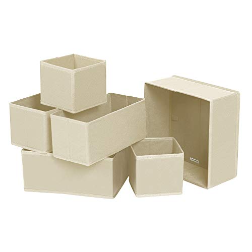 SONGMICS Organizadores de Cajones, Divisores de Vestido, Juego de 6, Cajas de Almacenaje de Tela Plegables para Calcetines, Ropa Interior, Sostenes, Corbatas, Bufandas, Beige RDZ06M