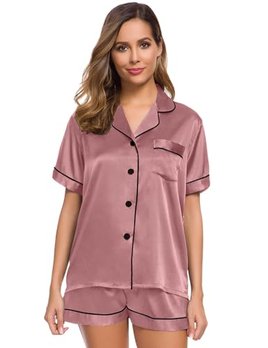 Image of SWOMOG Womens Silk Satin Pajamas Set Short Sleeve Sleepwear Button Down Top and Shorts Loungewear 2 Piece Pjs Set XS-3XL