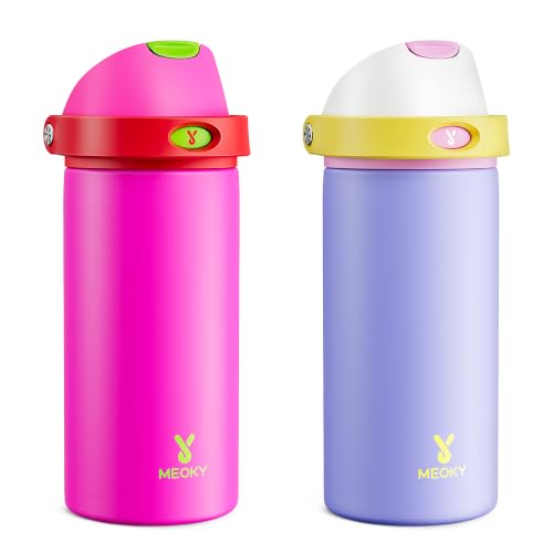 Image of Meoky 2 Pack 18 oz Insulated Kids Water Bottle for Gym | 2-in-1 Straw and Spout Lid, Leak Proof, Stainless Steel, Fits in Car Cup Holder, BPA-Free, All the Berries & Starry Lilac