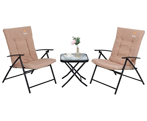 Nice C 3-Piece Patio Dining Set, Outdoor Table Set For 2, Garden Bistro Dining Furniture, 1 Folding Glass Table And 2 Folding Reclining Chairs With Cushion (Beige) #TOP23