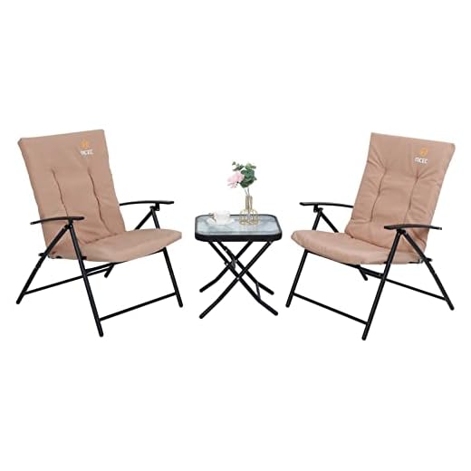 Nice C 3-Piece Patio Dining Set, Outdoor Table Set for 2, Garden Bistro Dining Furniture, 1 Folding Glass Table and 2 Folding Reclining Chairs with Cushion (Beige)