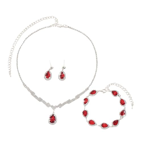 FDEETY Conjunto Joyas Mujer para Novia Plateado Diamantes de Imitación Incluye Collar Pulsera Pendientes Joyas para Boda de Honor Baile de Graduación Bisutería（Rojo）