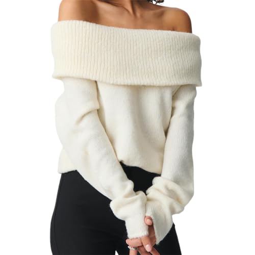 Image of Women Cute Off The Shoulder Sweater Sexy Long Sleeve Slouchy Knit Loose Fit Pullover Top Going Out Knitwear Jumper