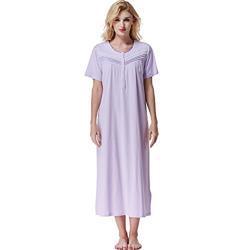 Keyocean Chemise de Nuit Femme Coton Longue Robe de Nuit à Manches Courtes Vêtements de Nuit avec Boutons Nuisette Doux Ample, Violet Clair, XXL