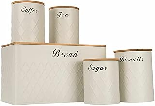 5Pcs Kitchen Storage Tins Canister Set Bamboo Lid Tea Coffee Sugar Bread Bin Jar (5pc KItchen Set), Black,gray ,White