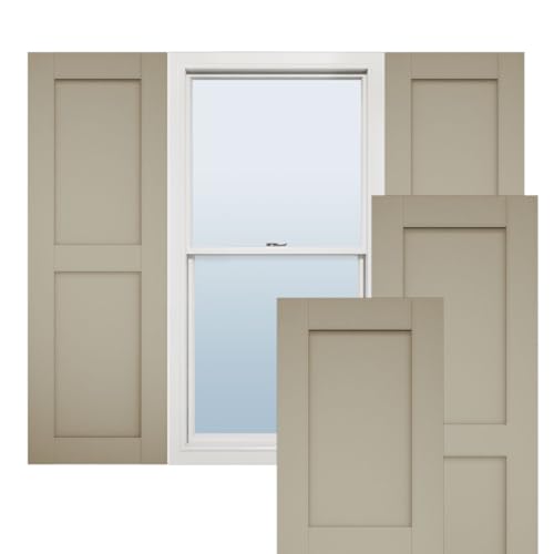 Ekena Millwork 18"W x 34"H Rustic Two Equal Panel Flat Panel Smooth Faux Wood Shutters (Per Pair), Primed Tan