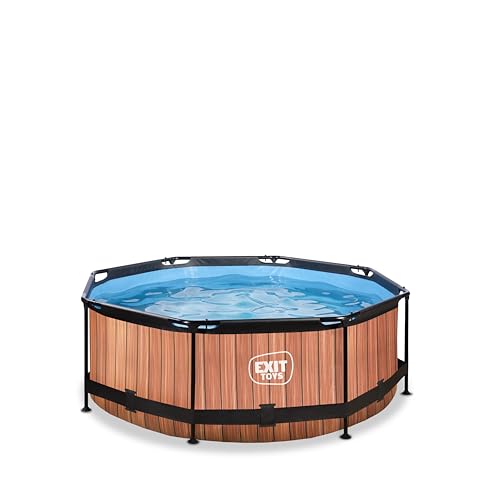 EXIT Toys Wood Pool - ø244x76cm - Piscina de Marco Redondo con Bomba de Filtro de Cartucho - Fácil Acceso - Adecuada para Niños Pequeños - Marco Robusto - Diseño Único - Marrón