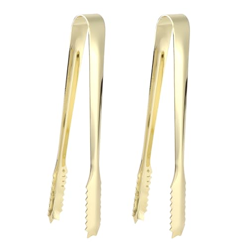 Pinces à glaçons en acier inoxydable, 2 mini pinces à sucre pour pâtisserie, pince de cuisson, pince de barbecue pour salade, pince de service en métal en dents de scie, pince de (Or plaqué)