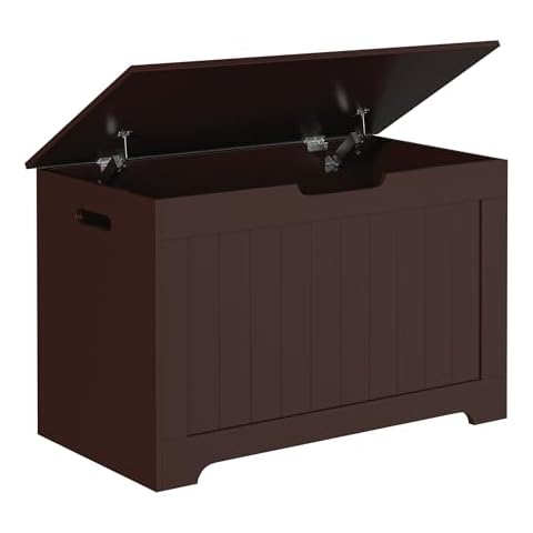 Epetlover Storage Chest Wooden Storage Box with Flip-top Lid & Safety Hinge, Living Room BedroomOrganizer, Entryway Bench with 100L Storing Area, Brown Cover