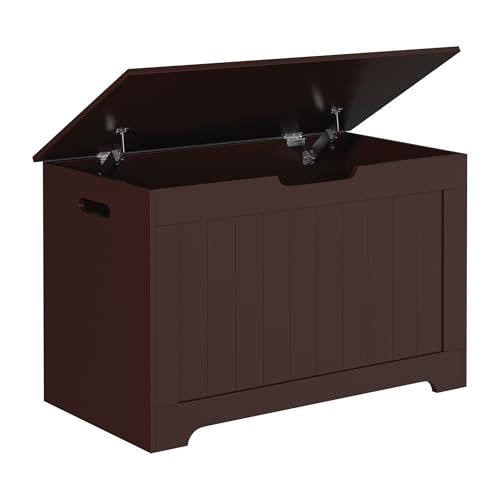 Epetlover Storage Chest Wooden Storage Box with Flip-top Lid & Safety Hinge, Living Room BedroomOrganizer, Entryway Bench with 100L Storing Area, Brown