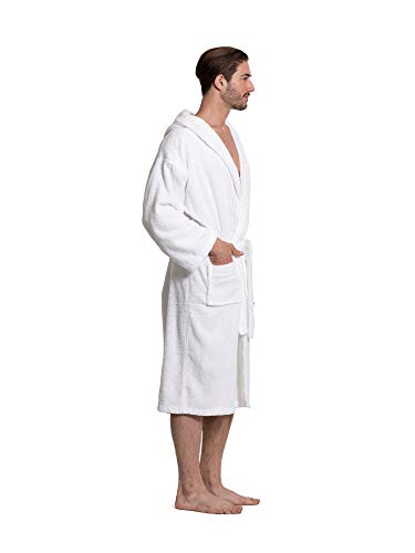 Turkuoise Men's Turkish Terry Cloth Robe, Thick Hooded Bathrobe (White, Large) #TOP2