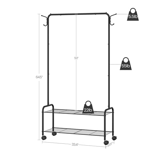 Hzuaneri Clothes Rack, Garment Rack, 2-In-1 Design, Clothing Rack with 4 Wheels, Shoe Rack with 2-Tier Storage Shelf, Coat Rack with 4 Hooks for Bags, 33.4 x 12.5 x 64.5 Inches, Black GR07416B - Thumbnail 7
