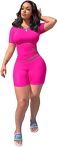 ZFLM Casual Workout Two Piece Outfits for Women Fitted Crew Neck T-shirt High Waist Pants Matching Sets Streetwear