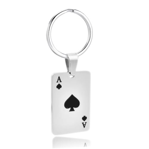 Loybora Cool Punk Rock Poker Card Ace Pendant Necklace for Men Boyfriend, Playing Card Poker Tag Lucky Ace of Spade Heart Royal Flush Games Chain Necklace(Silver-Black-Keyring)
