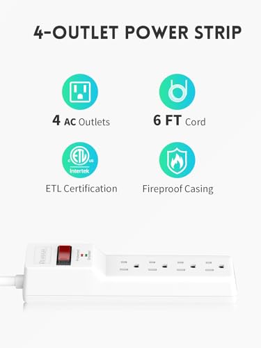 PLUGTUL Protector eléctrico con 4 tomas, cable de 6 pies, 980 Joules, con USB, color blanco miniatura 2