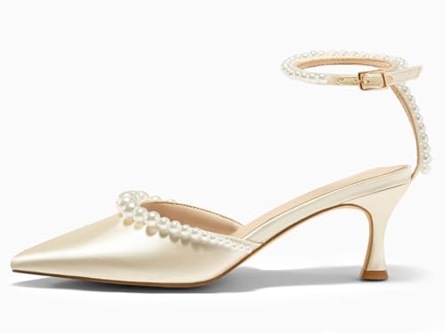 Image of Coutgo Womens Pearl Kitten Heels Closed Pointed Toe Wedding Bride Dress Shoes Ankle Strap Satin Pumps