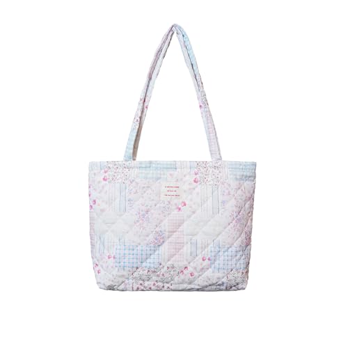 Image of Floral Quilted Cotton Shoulder Bag for Women Daily Use Medium Size Handbag Large Capacity Thickened Design Tote