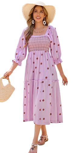Robe Midi Fleur Bohème Broderie en Coton pour Femme R.Vivimos S Violet