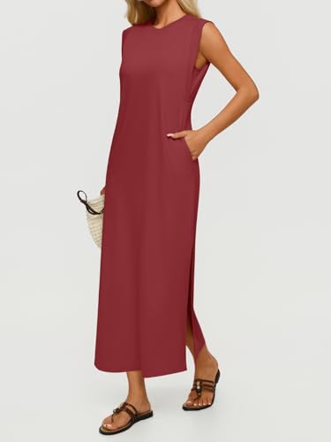 REORIA Women's Summer Vacation Long Maxi Dress Casual Sleeveless Sundresses Beach Tank Dresses with Pockets Baked Apple Large — view 3