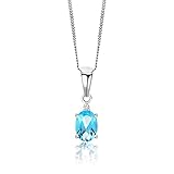 Orovi 14K 585 White Gold Oval Stud Pendant Necklace for Women with Dainty 925 Sterling Silver Chain - Swiss Blue Topaz December Birthstone Pendant - Handcrafted GIft - Gold Necklace Gift for Women