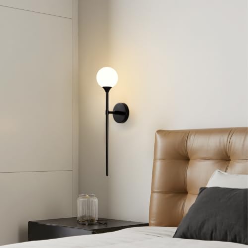 Image of Single Black Globe Glass Wall Sconce with Milk White Glass Shade
