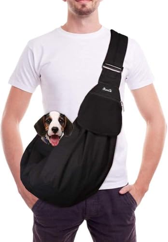 SlowTon Hundetragetasche, Haustier Hundetasche mit verstellbarem, gepolstertem Schultergurt und Fronttasche Tragetasche Hund für Spaziergang (Schwarz-Wasserdicht, M(Für Haustiere2,7-5,4 kg))