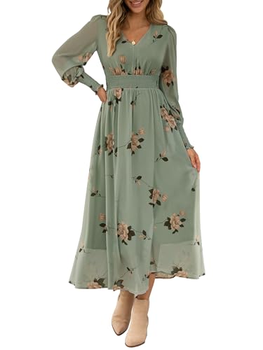 ANRABESS Women's Long Sleeve Floral Maxi Dress Casual V Neck Chiffon Boho Flowy Beach Fall Wedding Guest Party Long Dresses Floral Green Small