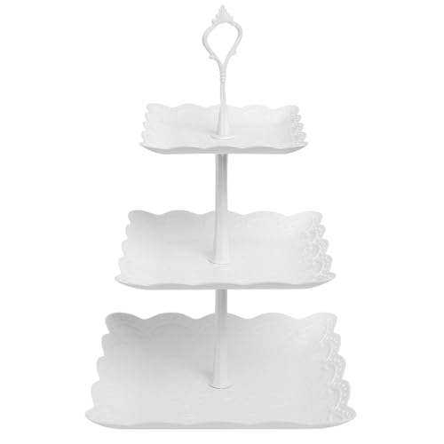 3 Tiers Cake Display Stand White Afternoon Tea Stands Plastic Square Cup Cake Fruit Dessert Party Server Plates Stands Reusable Food Serving Platter Stand for Birthday Wedding Party