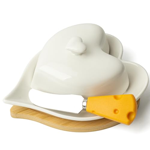 Dormercy Burriera con coperchio e coltello per piano di lavoro, in ceramica, porta burro con base in bambù, a forma di cuore